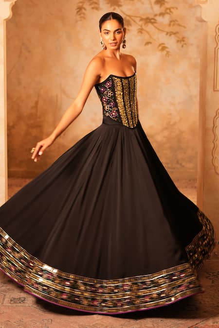 Buy_Kiran Kalsi_Black Satin, Organza Sequins, Embroidery Square Neck Hand Corset Lehenga Set _Online_at_Aza_Fashions