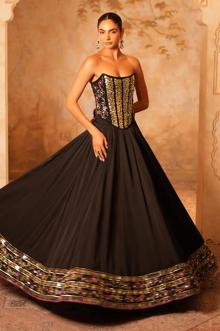 Shop_Kiran Kalsi_Black Satin, Organza Sequins, Embroidery Square Neck Hand Corset Lehenga Set _Online_at_Aza_Fashions