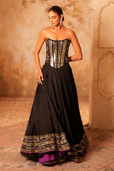 Kiran Kalsi_Black Satin, Organza Sequins, Embroidery Square Neck Hand Corset Lehenga Set _at_Aza_Fashions