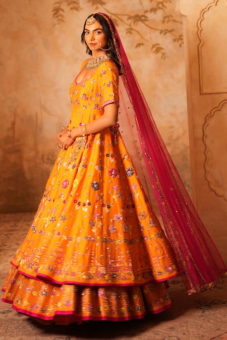 Kiran Kalsi Orange Hand Embroidered Anarkali Lehenga Set 