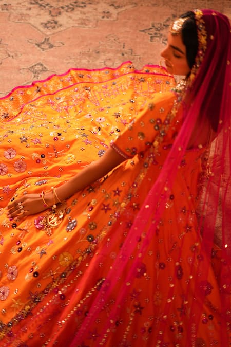 Kiran Kalsi_Orange Silk, Net Embroidery, Sequins Round Neck Hand Anarkali Lehenga Set _Online_at_Aza_Fashions