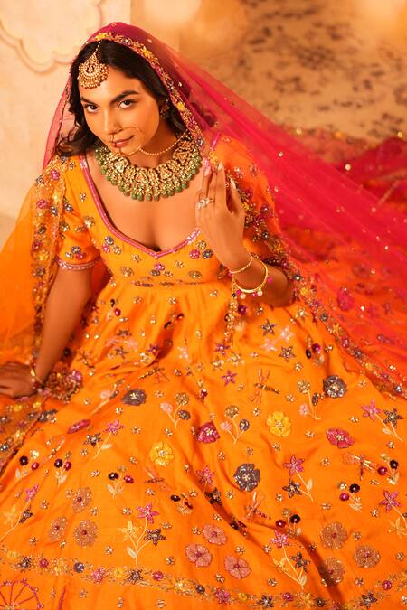 Buy_Kiran Kalsi_Orange Silk, Net Embroidery, Sequins Round Neck Hand Anarkali Lehenga Set _Online_at_Aza_Fashions