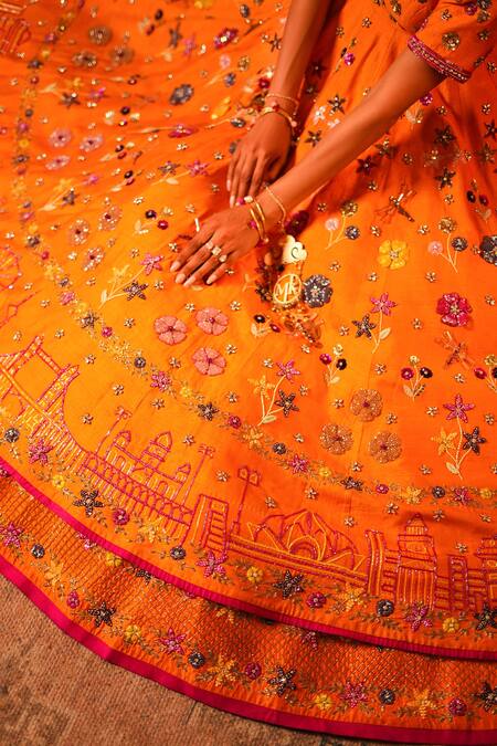 Shop_Kiran Kalsi_Orange Silk, Net Embroidery, Sequins Round Neck Hand Anarkali Lehenga Set _Online_at_Aza_Fashions
