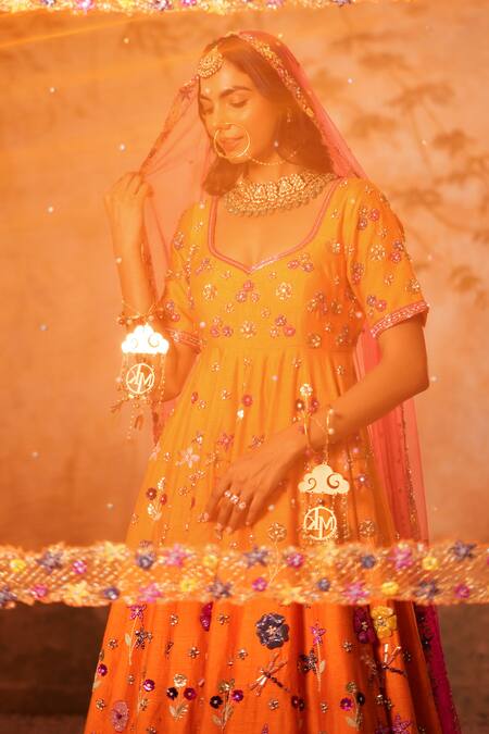 Kiran Kalsi_Orange Silk, Net Embroidery, Sequins Round Neck Hand Anarkali Lehenga Set _at_Aza_Fashions