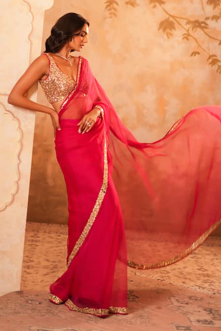 Buy_Kiran Kalsi_Pink Organza, Net Embroidery V-neck Hand Saree Set _Online_at_Aza_Fashions