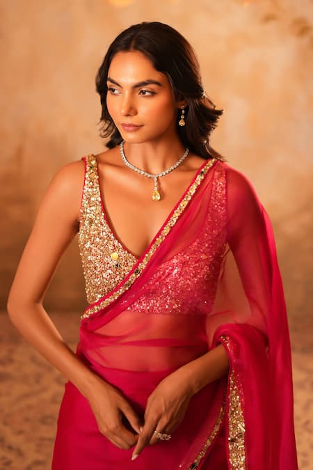 Shop_Kiran Kalsi_Pink Organza, Net Embroidery V-neck Hand Saree Set _Online_at_Aza_Fashions