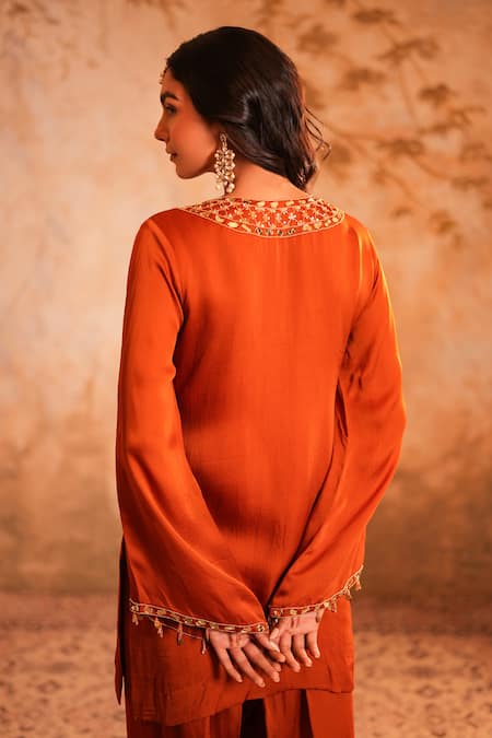 Kiran Kalsi Rust Orange Hand Embroidered Kurta Set 