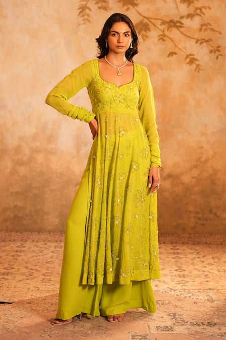 Kiran Kalsi Lime Georgette, Net Embroidery Round Neck Green Hand Anarkali Set