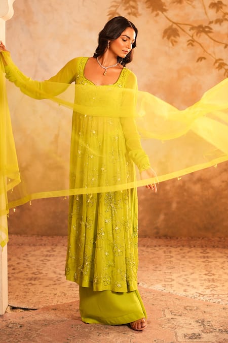 Buy Kiran Kalsi Lime Georgette, Net Embroidery Round Neck Green Hand Anarkali Set Online at Aza Fashions Buy_Kiran Kalsi_Lime Georgette, Net Embroidery Round Neck Green Hand Anarkali Set _Online_at_Aza_Fashions