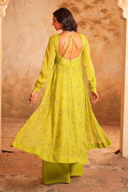Kiran Kalsi Lime Green Hand Embroidered Anarkali Set 