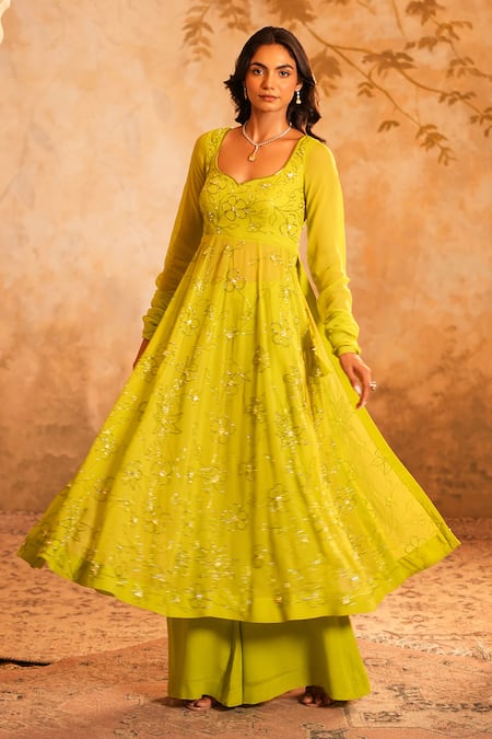 Shop Kiran Kalsi Lime Georgette, Net Embroidery Round Neck Green Hand Anarkali Set Online at Aza Fashions Shop_Kiran Kalsi_Lime Georgette, Net Embroidery Round Neck Green Hand Anarkali Set _Online_at_Aza_Fashions