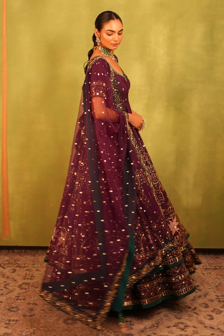Kiran Kalsi_Purple Silk, Net Sequins, Embroidery Square Plum Hand Anarkali Lehenga Set _Online_at_Aza_Fashions
