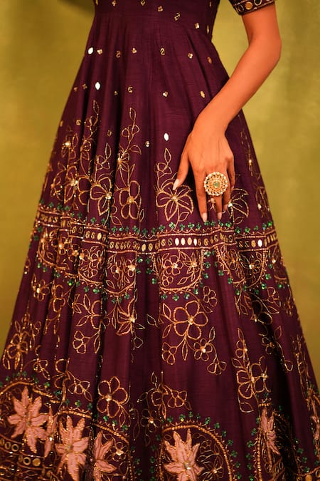 Buy_Kiran Kalsi_Purple Silk, Net Sequins, Embroidery Square Plum Hand Anarkali Lehenga Set _Online_at_Aza_Fashions