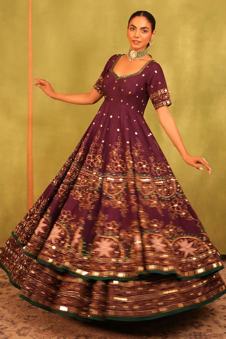 Shop_Kiran Kalsi_Purple Silk, Net Sequins, Embroidery Square Plum Hand Anarkali Lehenga Set _Online_at_Aza_Fashions