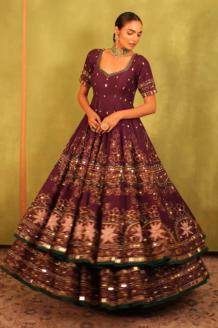 Kiran Kalsi_Purple Silk, Net Sequins, Embroidery Square Plum Hand Anarkali Lehenga Set _at_Aza_Fashions