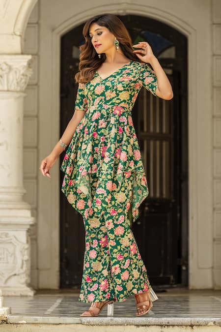 Shop_Damoiselle_Emerald Green Chinon, Silk Embroidery V-neck Royal Lotus Peplum Set _Online_at_Aza_Fashions