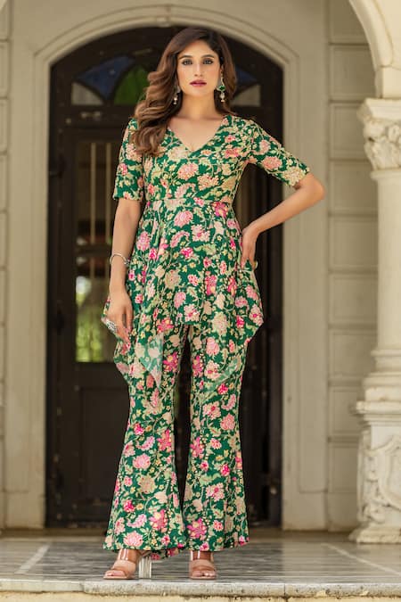 Damoiselle Emerald Green Chinon, Silk Embroidery V-neck Royal Lotus Peplum Set 