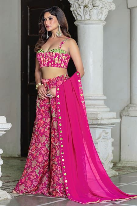 Buy_Damoiselle_Fuchsia Chinon, Viscose, Georgette Mirrors Square Neck Gulbahaar Coord Set _Online_at_Aza_Fashions