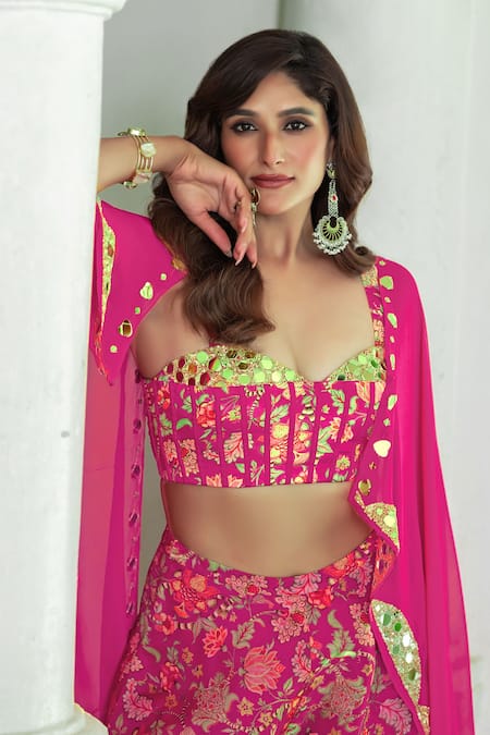 Shop_Damoiselle_Fuchsia Chinon, Viscose, Georgette Mirrors Square Neck Gulbahaar Coord Set _Online_at_Aza_Fashions