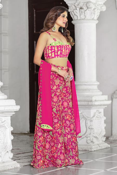 Damoiselle_Fuchsia Chinon, Viscose, Georgette Mirrors Square Neck Gulbahaar Coord Set _at_Aza_Fashions