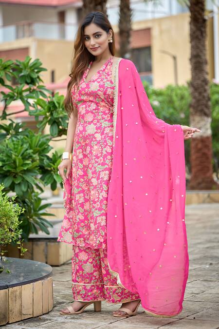 Buy_Damoiselle_Fuchsia Chinon, Silk, Viscose Georgette Embroidery, Fuschia Fable Kurta Set _Online_at_Aza_Fashions