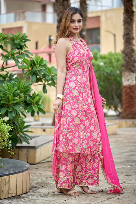 Shop_Damoiselle_Fuchsia Chinon, Silk, Viscose Georgette Embroidery, Fuschia Fable Kurta Set _Online_at_Aza_Fashions