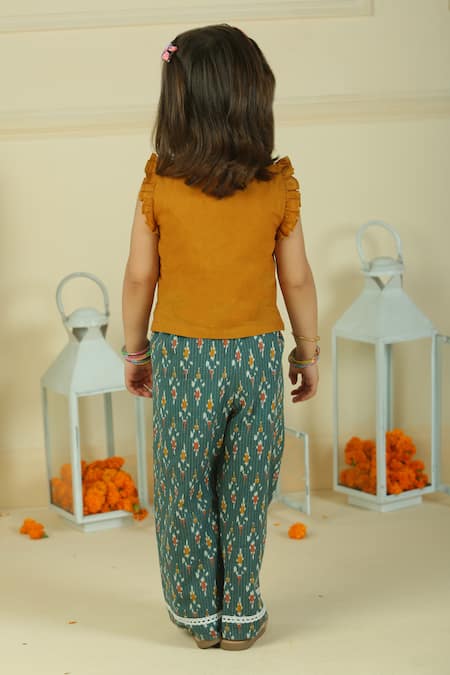 Pankhuri By Priyanka Yellow Top & Green Straight Pant Set 