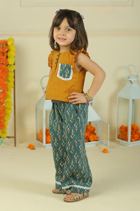 Pankhuri By Priyanka Yellow Cotton Top And Green Straight Pant Set at Aza Fashions Pankhuri By Priyanka_Yellow Cotton Top And Green Straight Pant Set _at_Aza_Fashions