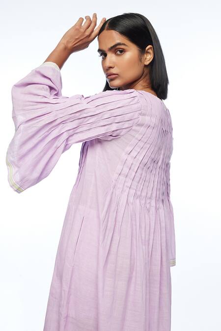 Payal Pratap_Purple Handloom Cotton Round Neck Reversa Pleated Dress _Online_at_Aza_Fashions