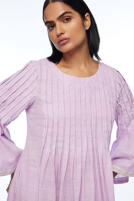 Buy_Payal Pratap_Purple Handloom Cotton Round Neck Reversa Pleated Dress _Online_at_Aza_Fashions