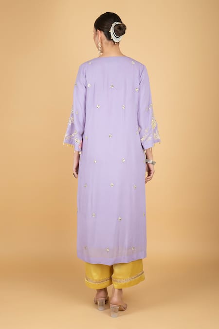 Shop_Tanu Malhotra_Purple Georgette, Modal, Organza Embroidery Round Neck Kurta Set _at_Aza_Fashions