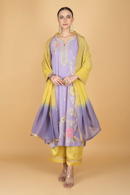 Tanu Malhotra Purple Georgette, Modal, Organza Embroidery Round Neck Kurta Set 