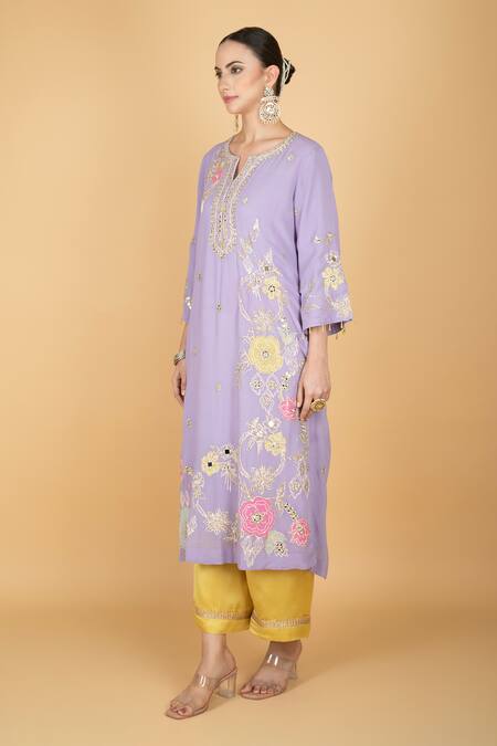 Tanu Malhotra_Purple Georgette, Modal, Organza Embroidery Round Neck Kurta Set _Online_at_Aza_Fashions