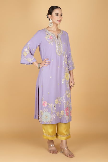 Buy_Tanu Malhotra_Purple Georgette, Modal, Organza Embroidery Round Neck Kurta Set _Online_at_Aza_Fashions