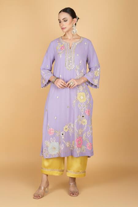 Shop_Tanu Malhotra_Purple Georgette, Modal, Organza Embroidery Round Neck Kurta Set _Online_at_Aza_Fashions