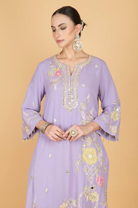 Tanu Malhotra_Purple Georgette, Modal, Organza Embroidery Round Neck Kurta Set _at_Aza_Fashions