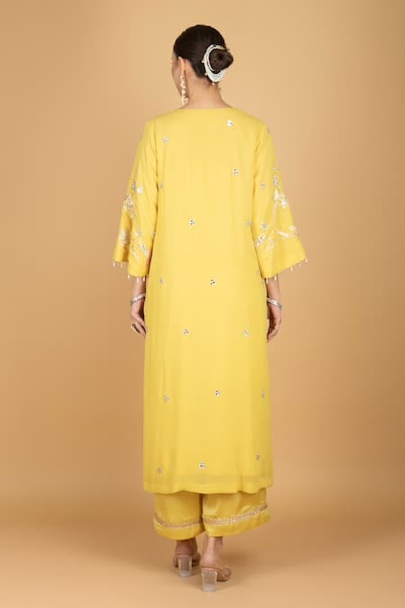 Shop Tanu Malhotra Lime Georgette, Modal, Silk, Organza Sequins, Embroidery Round Yellow Kurta Set at Aza Fashions Shop_Tanu Malhotra_Lime Georgette, Modal, Silk, Organza Sequins, Embroidery Round Yellow Kurta Set _at_Aza_Fashions