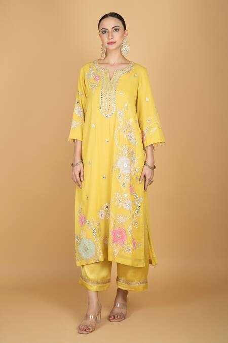 Buy Tanu Malhotra Lime Georgette, Modal, Silk, Organza Sequins, Embroidery Round Yellow Kurta Set Buy_Tanu Malhotra_Lime Georgette, Modal, Silk, Organza Sequins, Embroidery Round Yellow Kurta Set
