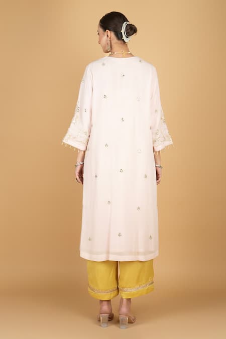 Shop Tanu Malhotra Pink Georgette, Modal, Silk, Organza Embroidery Round Neck Kurta Set at Aza Fashions Shop_Tanu Malhotra_Pink Georgette, Modal, Silk, Organza Embroidery Round Neck Kurta Set _at_Aza_Fashions