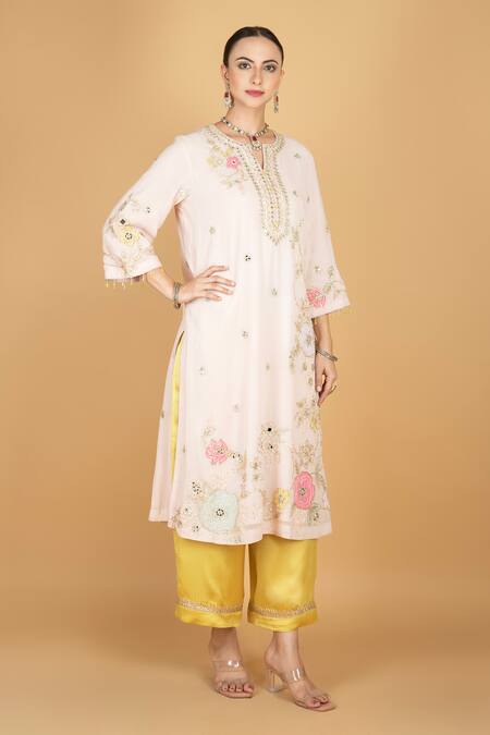 Shop Tanu Malhotra Pink Georgette, Modal, Silk, Organza Embroidery Round Neck Kurta Set Online at Aza Fashions Shop_Tanu Malhotra_Pink Georgette, Modal, Silk, Organza Embroidery Round Neck Kurta Set _Online_at_Aza_Fashions
