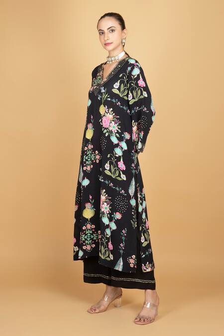 Buy_Tanu Malhotra_Black Crepe, Organza Embroidery V-neck Floral Print Kurta Pant Set _Online_at_Aza_Fashions