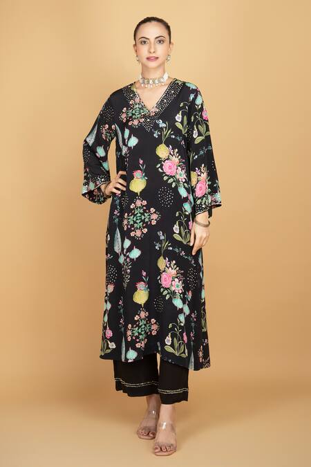 Shop_Tanu Malhotra_Black Crepe, Organza Embroidery V-neck Floral Print Kurta Pant Set _Online_at_Aza_Fashions