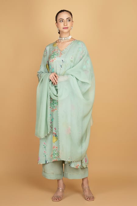 Buy Tanu Malhotra Green Crepe, Organza Embroidery V-neck Floral Print Kurta Pant Set Online at Aza Fashions Buy_Tanu Malhotra_Green Crepe, Organza Embroidery V-neck Floral Print Kurta Pant Set _Online_at_Aza_Fashions