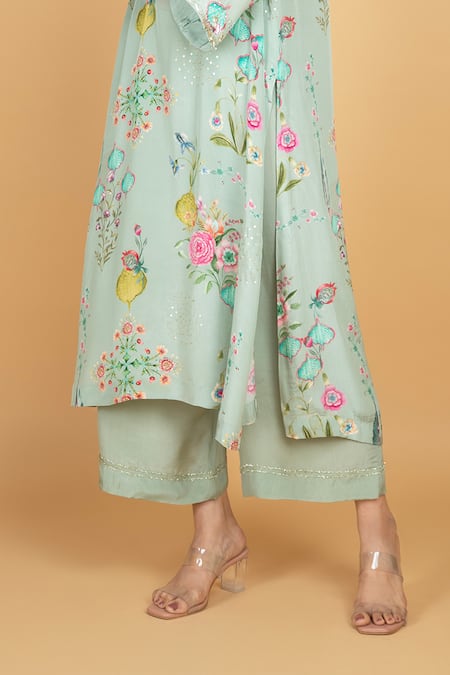 Shop Tanu Malhotra Green Crepe, Organza Embroidery V-neck Floral Print Kurta Pant Set Online at Aza Fashions Shop_Tanu Malhotra_Green Crepe, Organza Embroidery V-neck Floral Print Kurta Pant Set _Online_at_Aza_Fashions