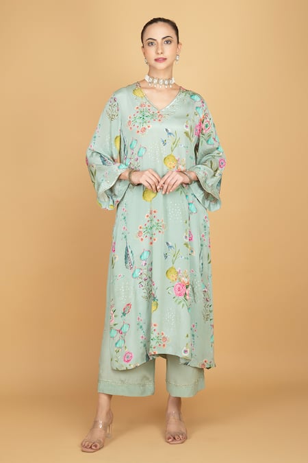 Buy Tanu Malhotra Green Crepe, Organza Embroidery V-neck Floral Print Kurta Pant Set Buy_Tanu Malhotra_Green Crepe, Organza Embroidery V-neck Floral Print Kurta Pant Set