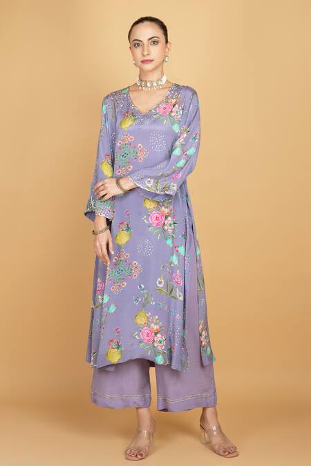 Buy_Tanu Malhotra_Purple Crepe, Organza Embroidery V-neck Floral Print Kurta Set _Online_at_Aza_Fashions