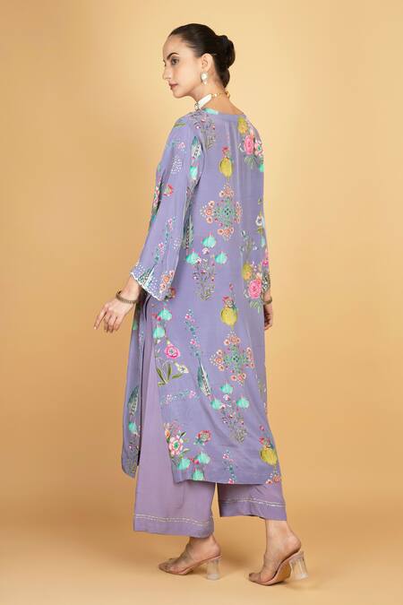 Shop_Tanu Malhotra_Purple Crepe, Organza Embroidery V-neck Floral Print Kurta Set _Online_at_Aza_Fashions