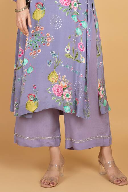 Buy_Tanu Malhotra_Purple Crepe, Organza Embroidery V-neck Floral Print Kurta Set 