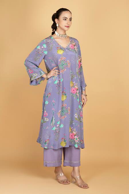 Shop_Tanu Malhotra_Purple Crepe, Organza Embroidery V-neck Floral Print Kurta Set 
