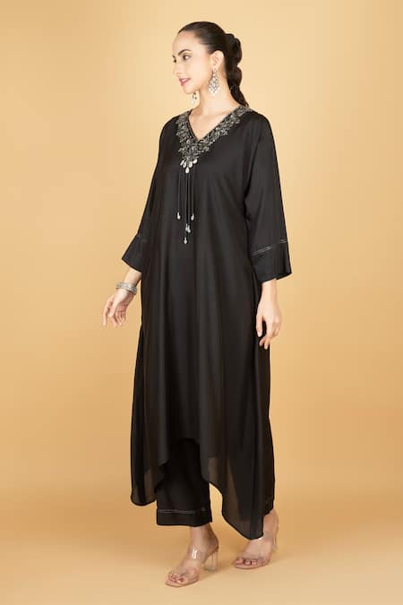Buy_Tanu Malhotra_Black Cotton, Silk Beads V-neck Kaftaan And Pant Set _Online_at_Aza_Fashions